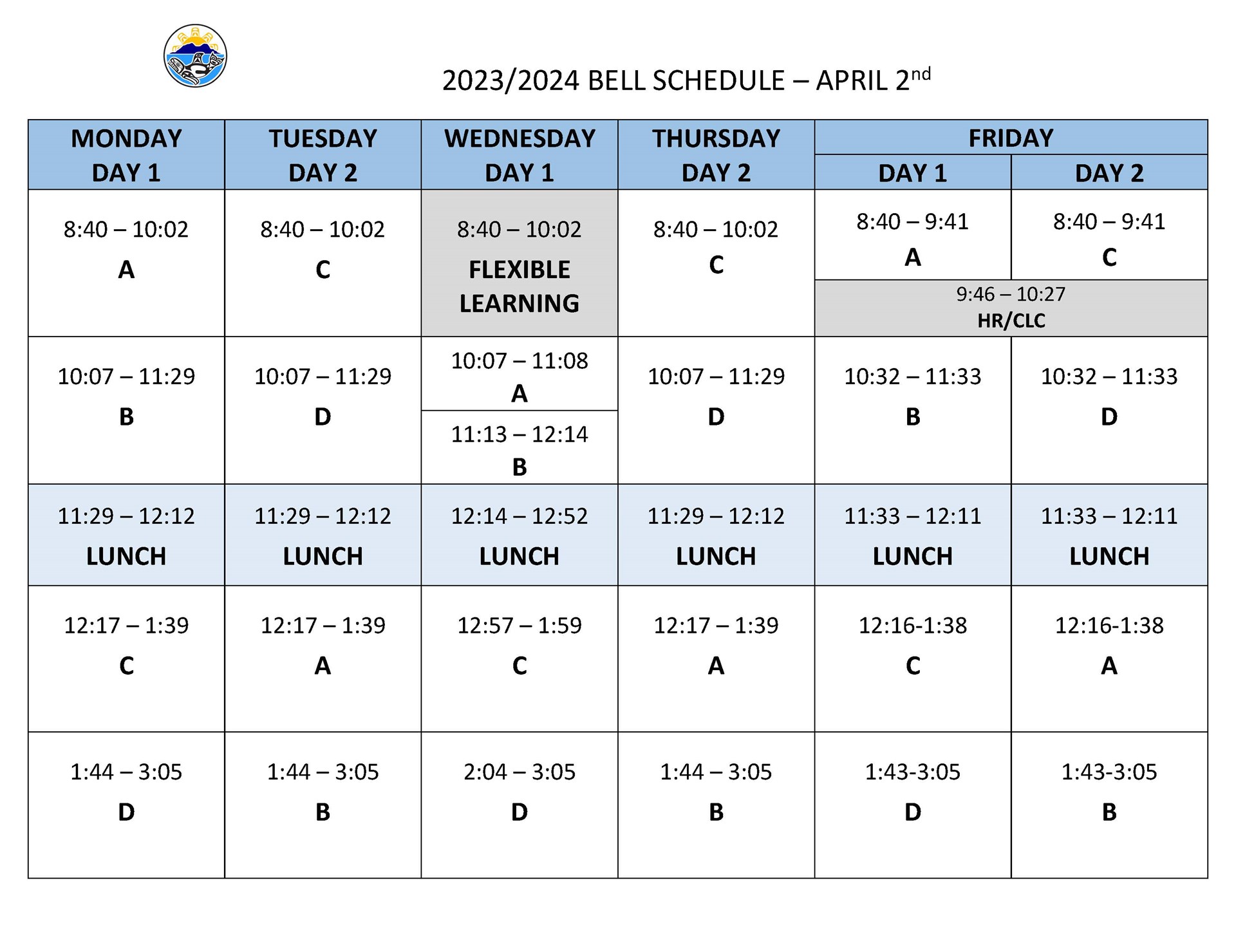 Effective April 2nd! New Bell Schedule.