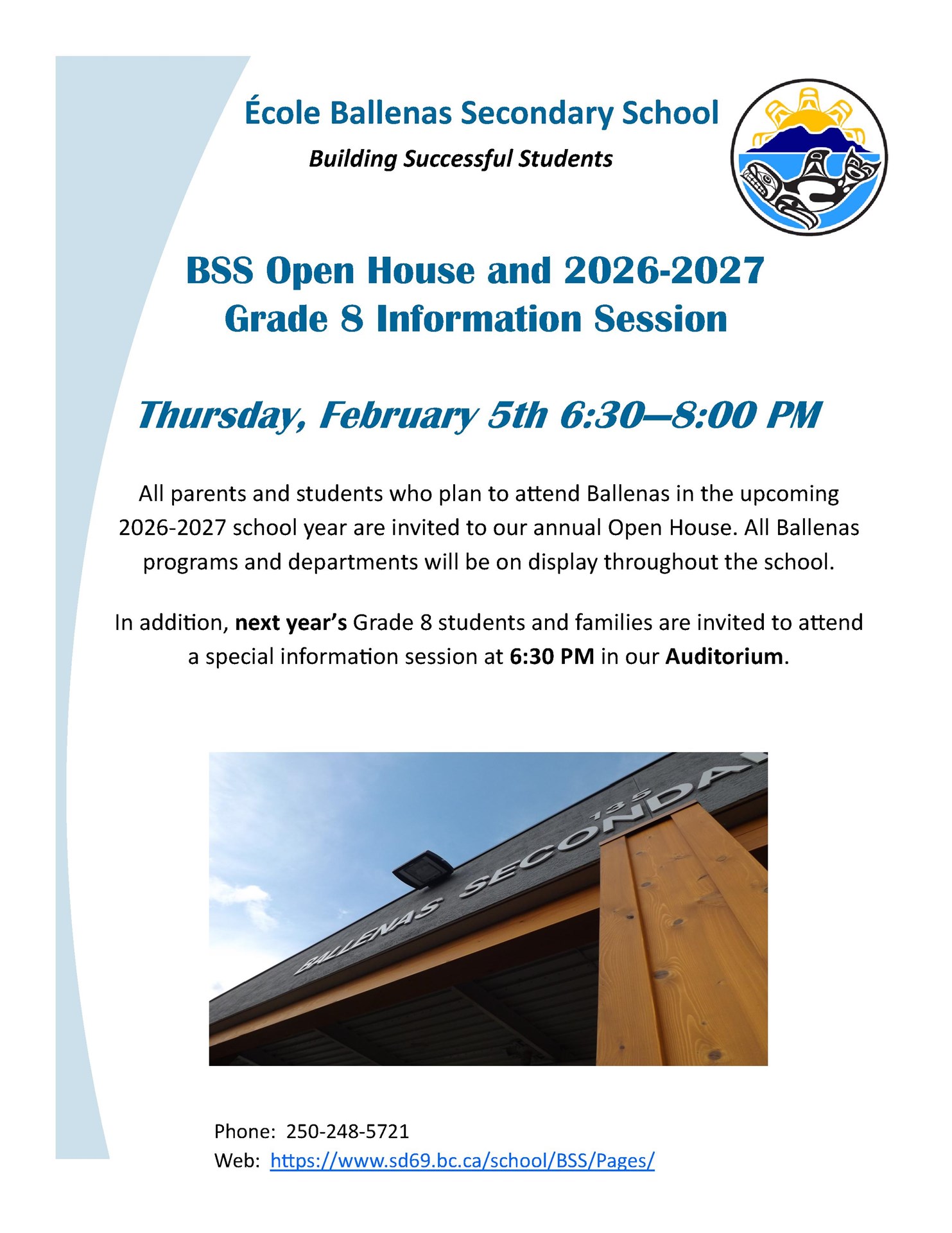 Ballenas Open House Feb 5th 6:30 - 8:00 pm